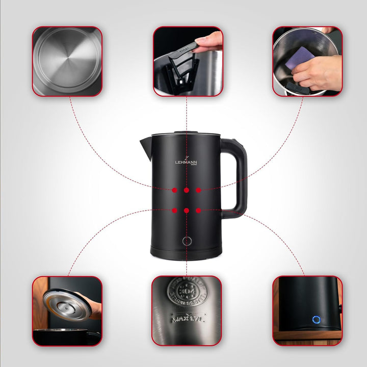 LEHMANN Elektrischer Wasserkocher Edelstahl 1,7L, 2200W, Schnelles Aufheizen, Doppelwand Design, Abs