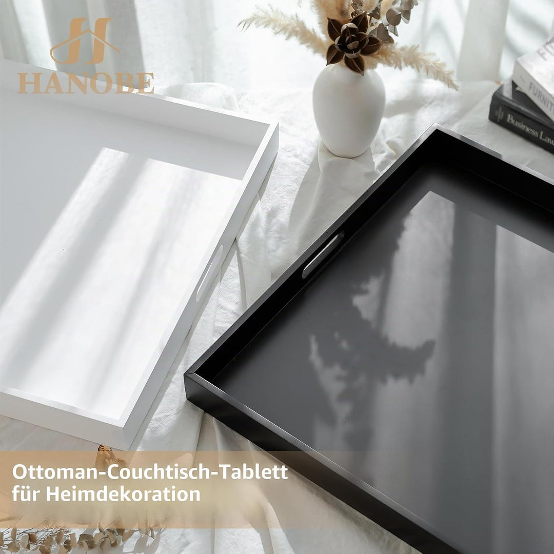Hanobe Tablett Gross Schwarz Serviertablett Holztablett Deko mit Griff 52cm | Modern Glossy Quadrati