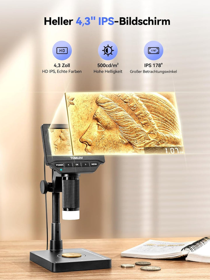 TOMLOV DM4W Mikroskop Digital mit Waage: Münzmikroskop mit 4,3" IPS-Bildschirm, USB Münzlupe mit LED