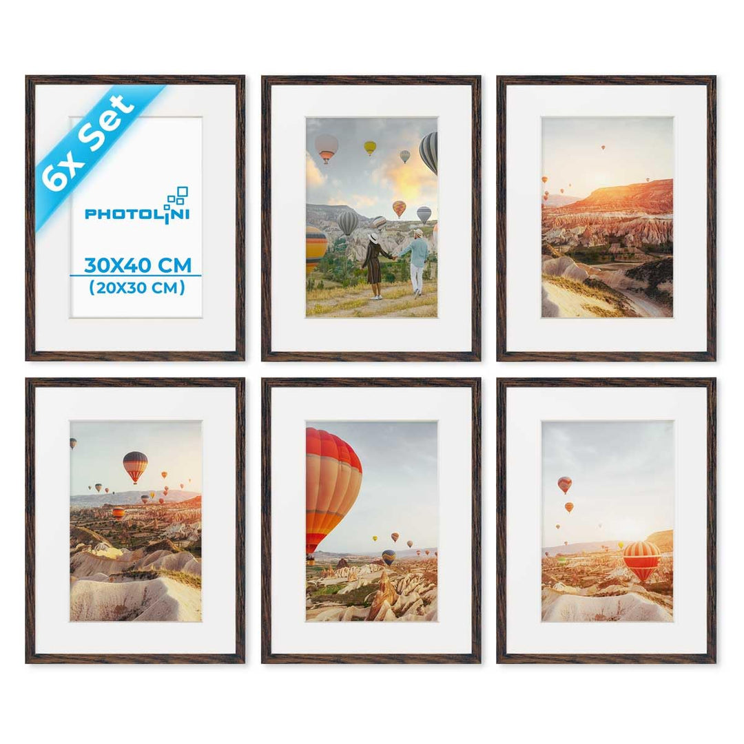 PHOTOLINI Bilderrahmen 30x40 Holz MDF Eiche Dunkel, 6er Set Bilderrahmen 40x30 mit Passepartout, bru