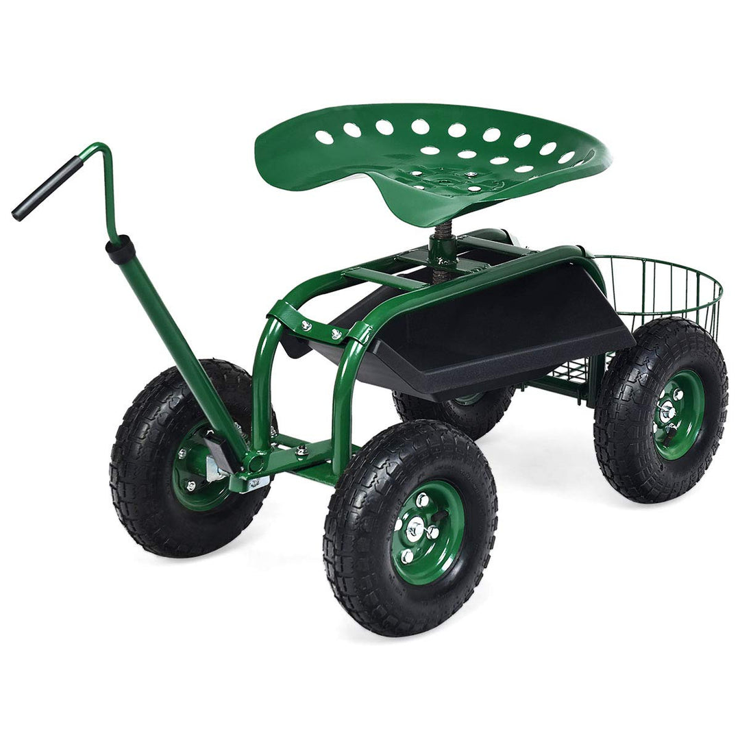 RELAX4LIFE Rollsitz mit Ablage Korb, Gartensitz mit Ausziehbarem Griff 4 Rädern, Gartenrollsitz Fahr