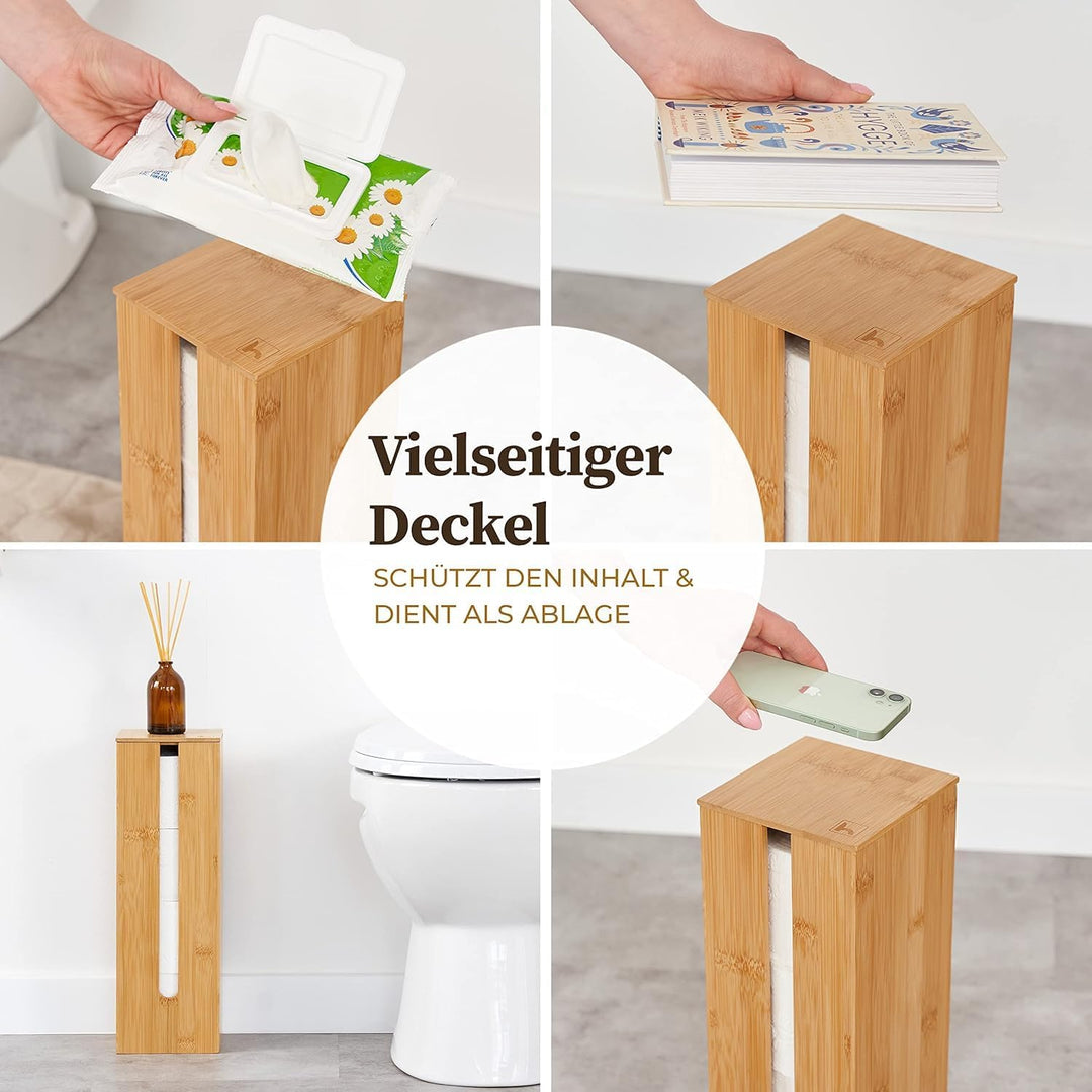 HENNEZ Toilettenpapier Aufbewahrung Bambus 4 Rollen Klopapier mit Deckel & Ablage Ersatzrollenhalter