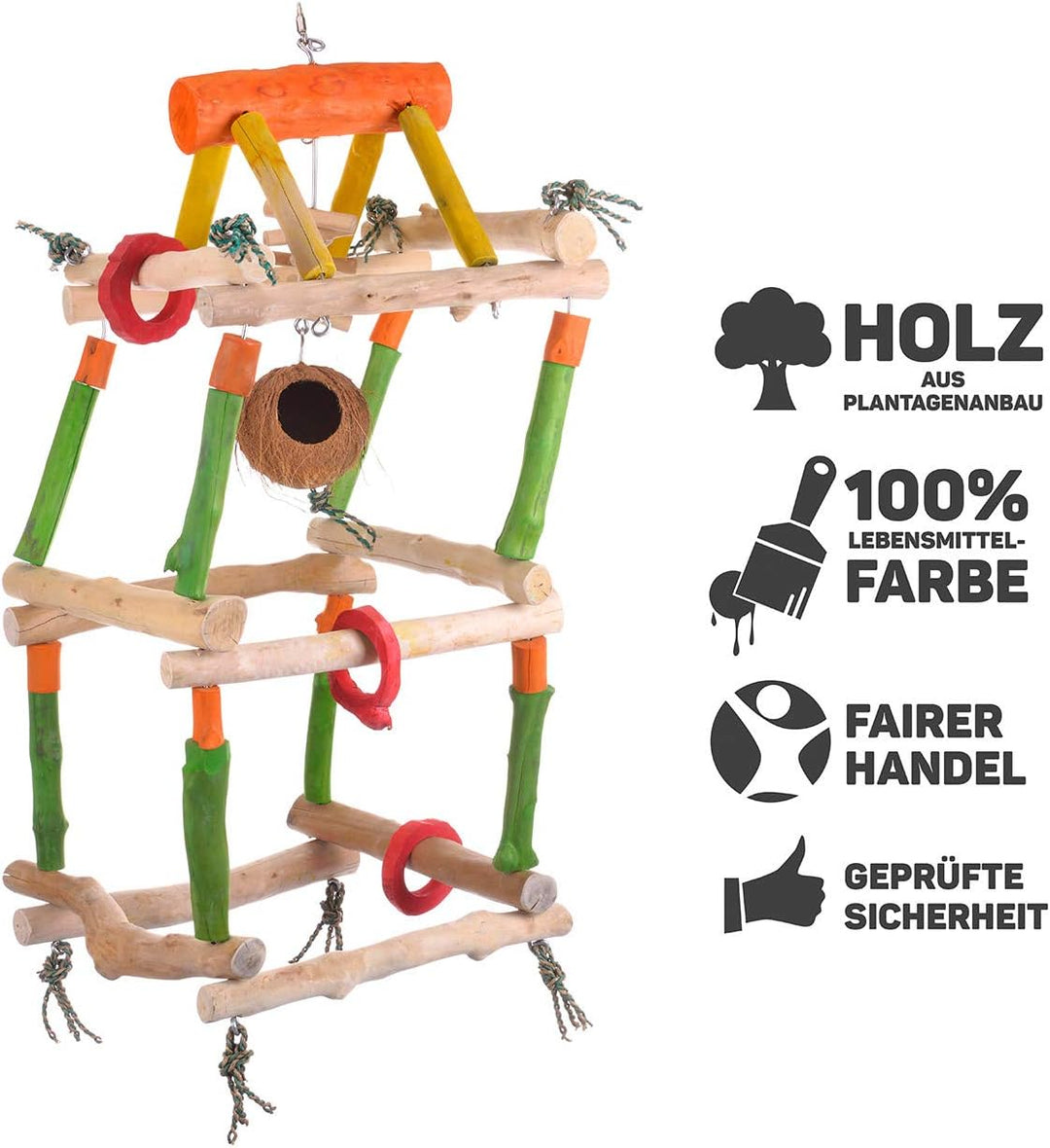 Java | Papageienspielzeug Gym-Tower XL - als Hängefreisitz für Papageienaus hartem Kaffeeholz