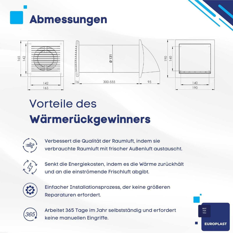 EUROPLAST 125mm Dezentrale Lüftung mit Wärmerückgewinnung - Wandlüfter Lüfter Lüftungsanlage Belüftu