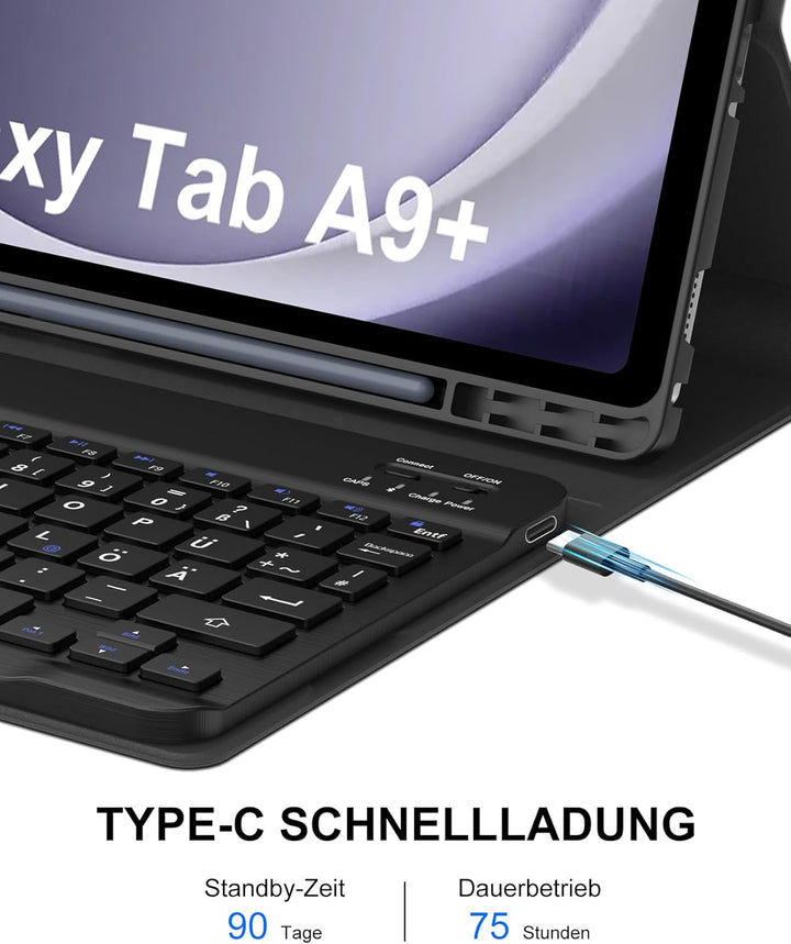 Hülle mit Tastatur für Samsung Galaxy Tab A9+ 11" (2023, SM-X210/X215/X216), Deutsch QWERTZ Keyboard