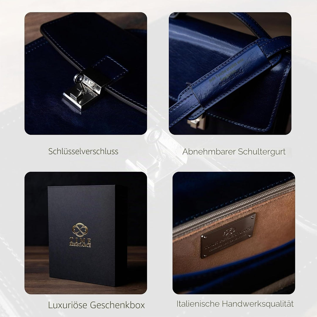 Time Resistance Leder Aktentasche - Leder Tasche Handgefertigt in Italien - Arbeitstasche mit Schult