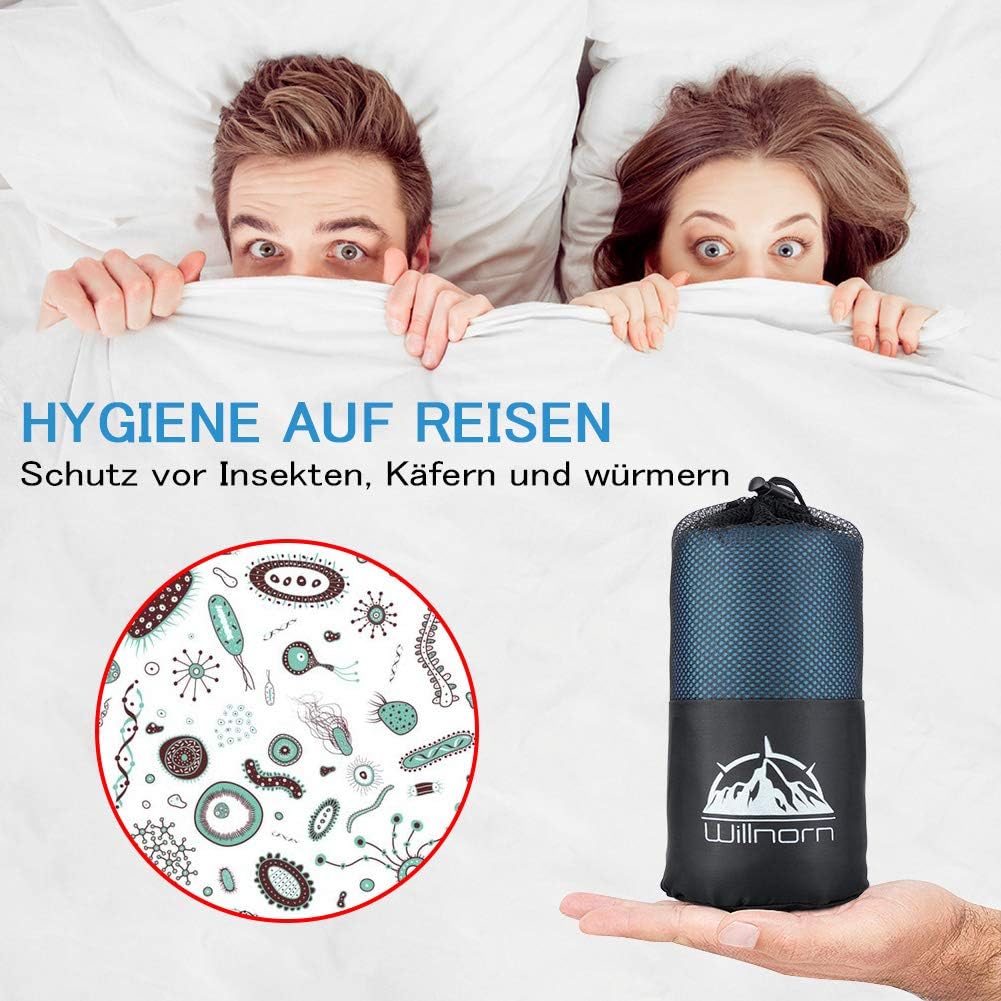 WILLNORN 2in1 Hüttenschlafsack aus Mikrofaser, Hüttenschlafsack mit durchgängigem Reissverschluss, L