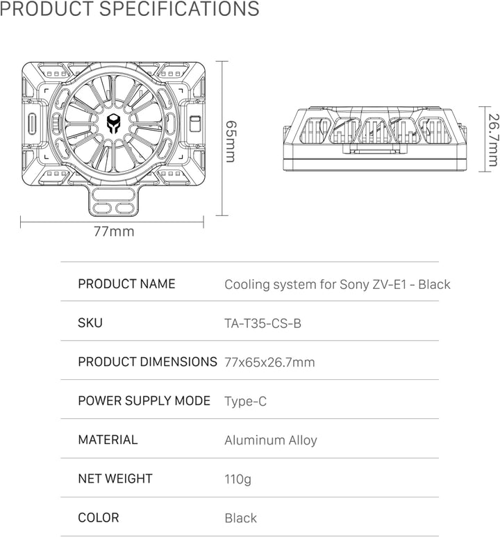Tilta Kühlsystem Kompatibel mit Sony ZV-E1 mit Multi-Speed-Lüfter und Rändelschrauben Kompakt und le