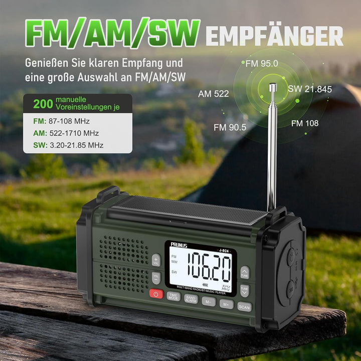 PRUNUS J-924S AM/FM/SW Kurbelradio Notfall Weltempfänger, Notfallradio mit 10000mAh Akku, Solar Radi