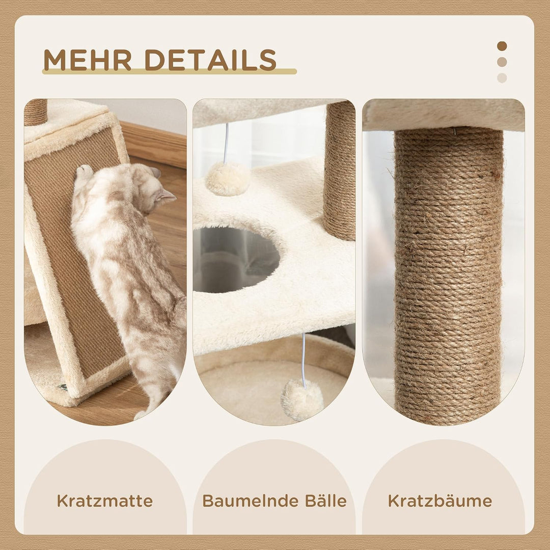 PawHut Kratzbaum mit 2 Spielball für Mittelgrosse Katzen 76 cm Hellbraun | Sisalstämme, Bett, Kratzb