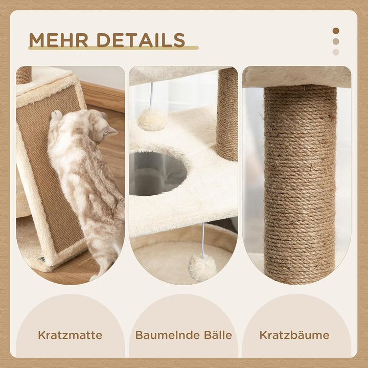 PawHut Kratzbaum mit 2 Spielball für Mittelgrosse Katzen 76 cm Hellbraun | Sisalstämme, Bett, Kratzb