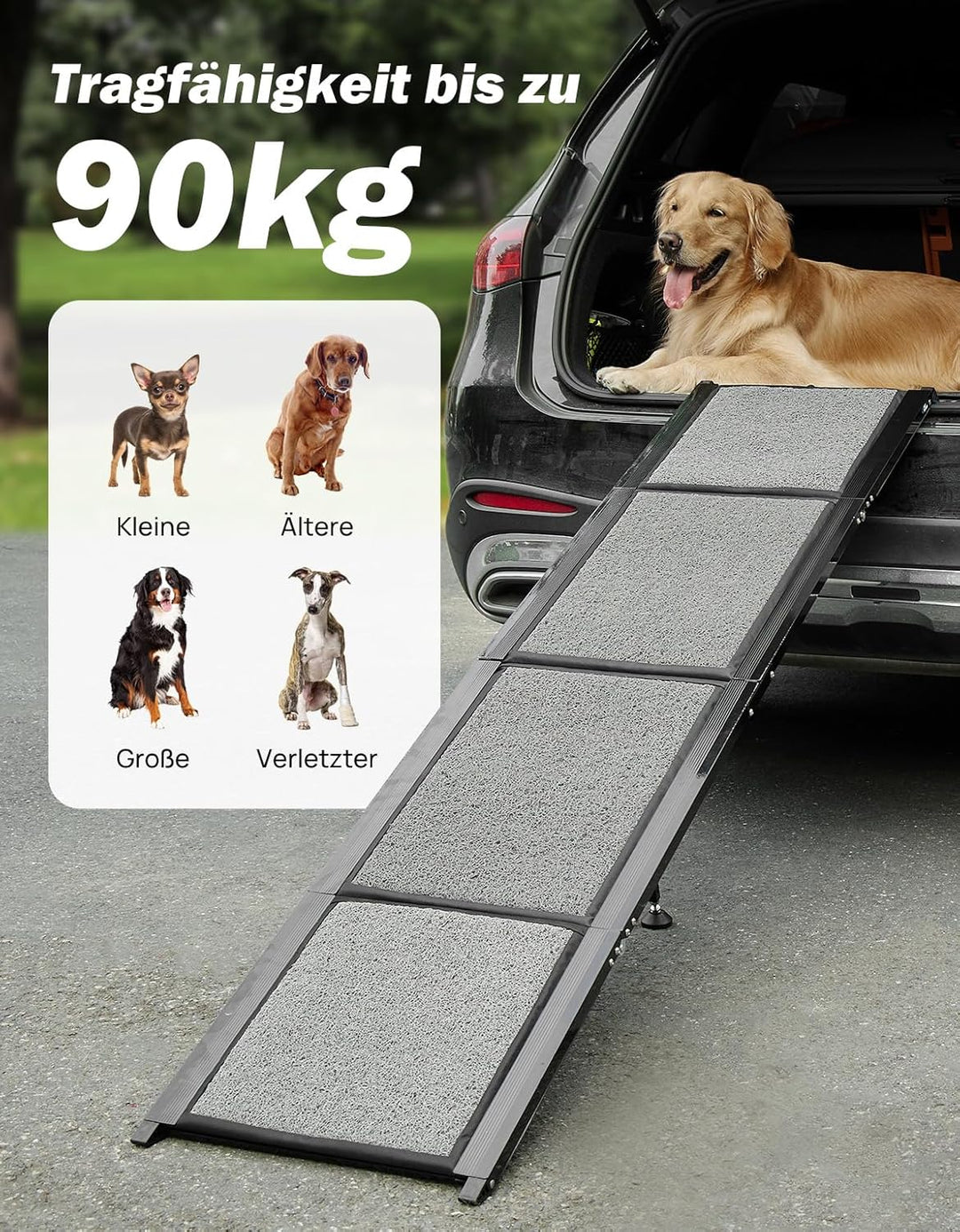 JOYTUTUS klappbare Hunderampe für Autos, SUVs und LKWs, 90kg Belastbarkeit, geeignet für grosse, mit