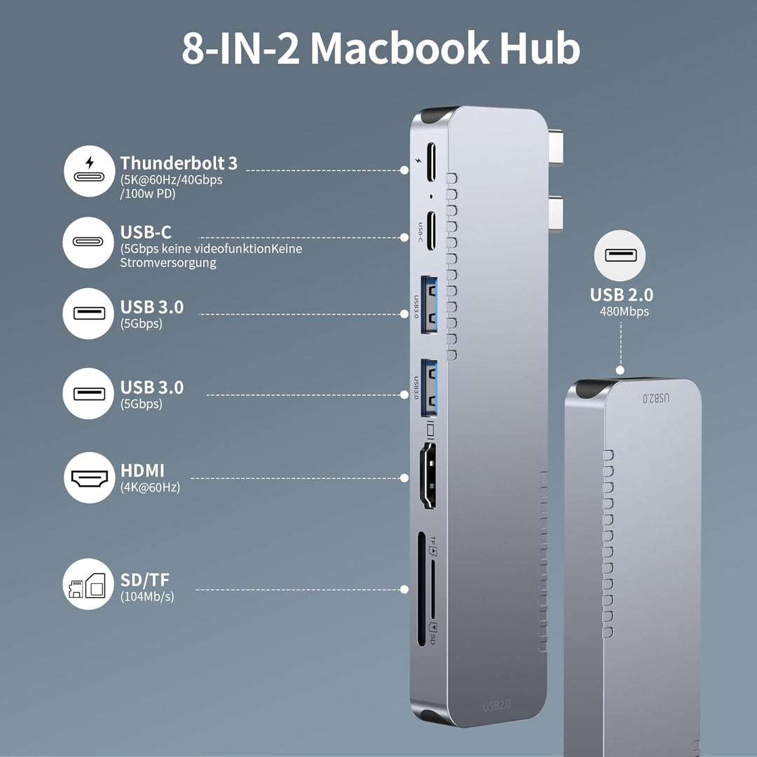 BHHB USB C Hub Adapter für MacBook Pro Air Docking Station 8-in-2 für Mac Book Zubehör 4K@60Hz HDMI,