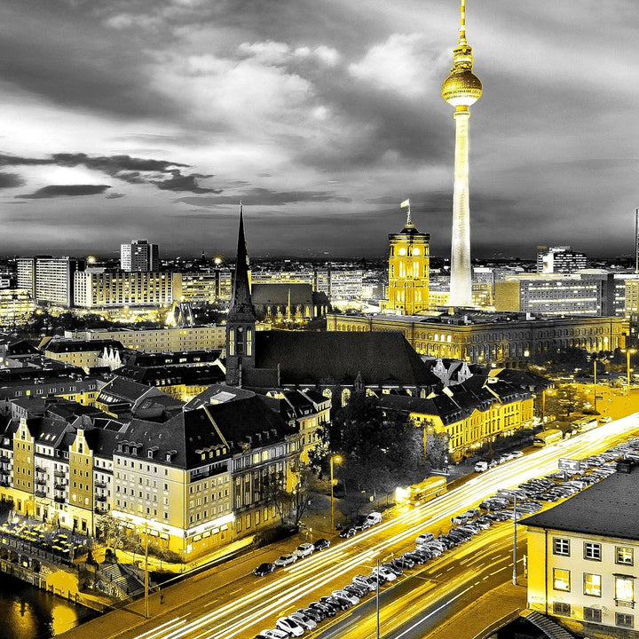 Runa Art - Bilder Berlin Skyline 200 x 100 cm 5 Teilig XXL Wanddekoration Design Schwarz Gelb 004351