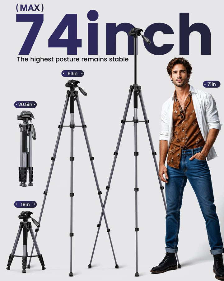 CAMBOFOTO Camera Tripod, 188cm Lightweight Aluminum Travel Tripod, Adjustable Stand with Pan Head, 1