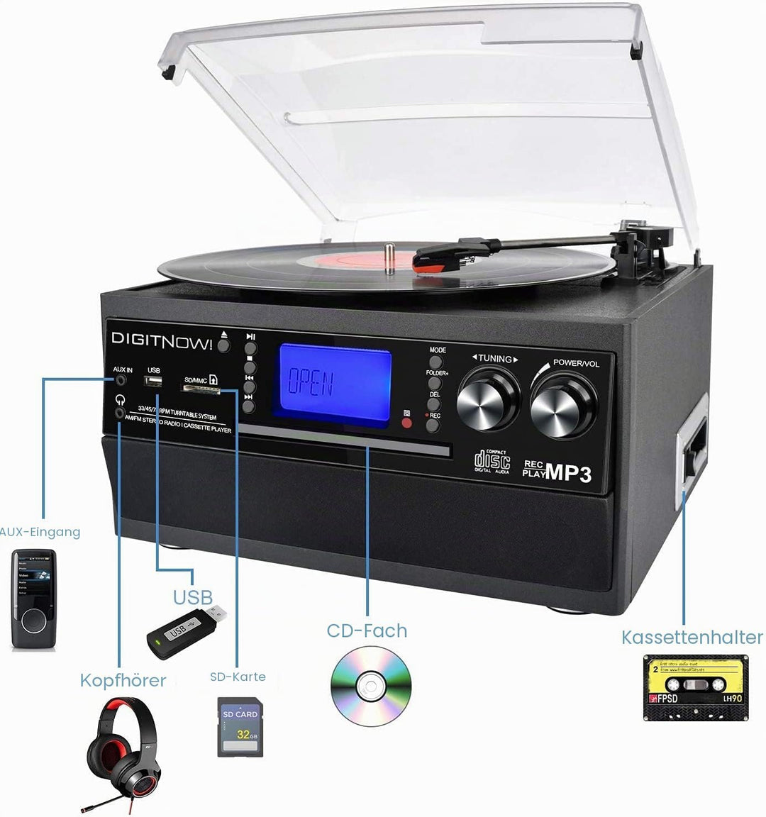 Bluetooth Plattenspieler mit Stereo Lautsprecher, LP Vinyl zu MP3 Konverter, 3 Geschwindigkeit Schal