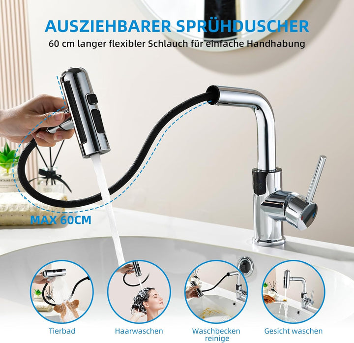 Wasserhahn Bad Mynaiad mit LED-Temperaturanzeige Badarmatur, Brause Ausziehbar, Badarmatur 360° Schw