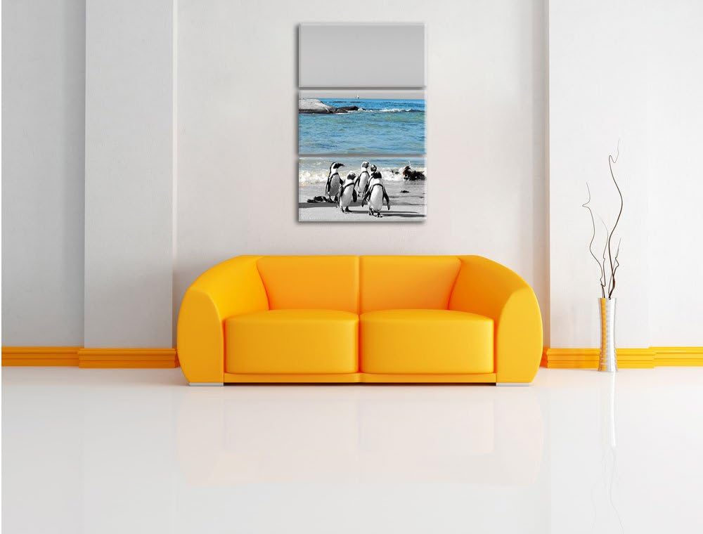 lustige Pinguine am Strand schwarz/weiss 3-Teiler Leinwandbild 120x80 Bild auf Leinwand