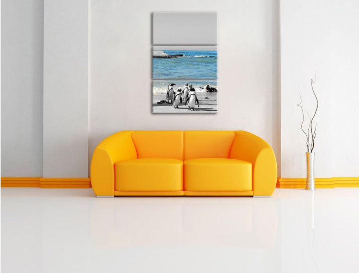 lustige Pinguine am Strand schwarz/weiss 3-Teiler Leinwandbild 120x80 Bild auf Leinwand