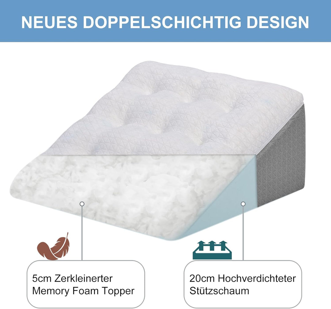 Keilkissen für Bett und Sofa-Doppelte Lage Memory Schaum Lesekissen-Ergonomischer Bettkeil für Reflu