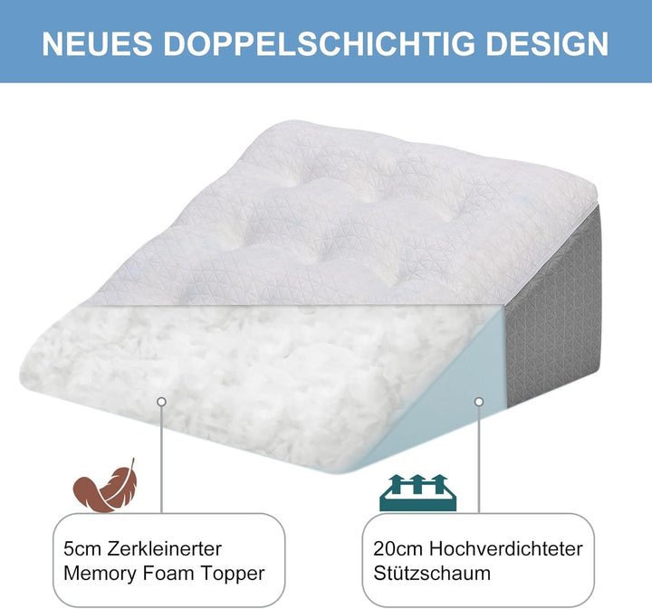 Keilkissen für Bett und Sofa-Doppelte Lage Memory Schaum Lesekissen-Ergonomischer Bettkeil für Reflu