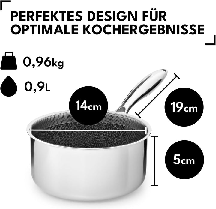 Cookware Stielkasserolle 14 cm (0,9 l) | Beschichteter Kochtopf Induktion | Sossentopf Für Alle Herd