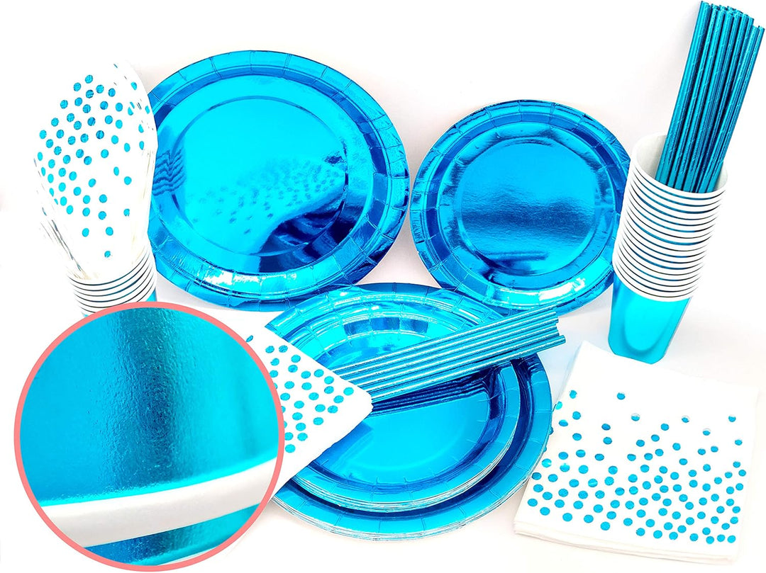 INHEMING Blau Papiergeschirr Set 99 Stück Papier Geschirr Set Enthält Pappteller Pappbecher Serviett