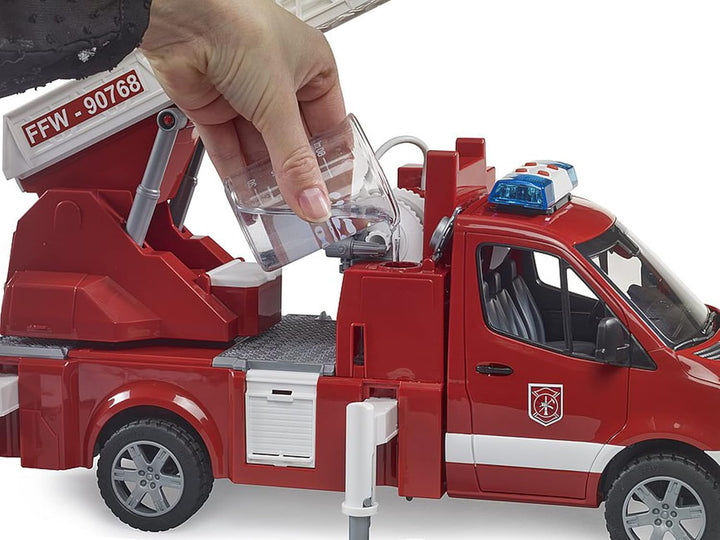 bruder 02673 - Mercedes-Benz Sprinter Feuerwehr mit Drehleiter Pumpe und Light & Sound Modul bworld