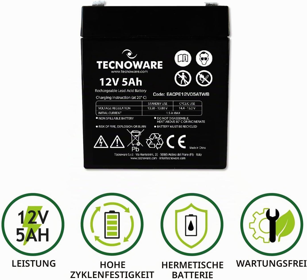 Tecnoware Power Systems - Ersatzbatterie für USV, Videoüberwachung und Alarmsysteme, 12V 5Ah Kapazit