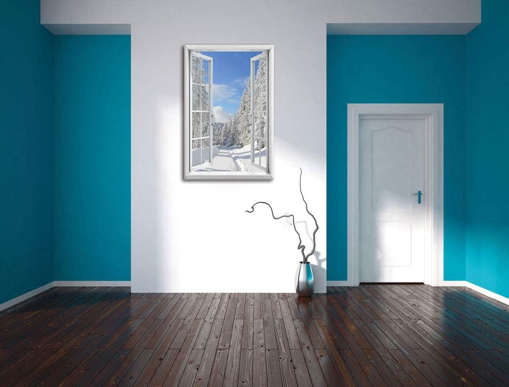 Pixxprint Winterlandschaft Bäume, Fenster Leinwandbild | Grösse: 100x70 cm | Wandbild | Kunstdruck,