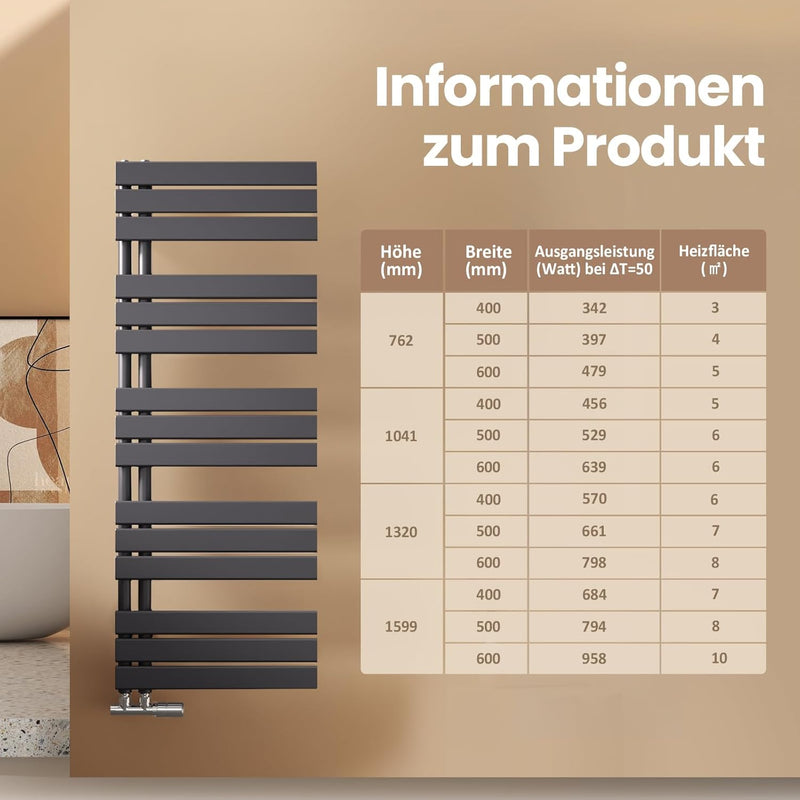 EMKE Handtuchheizkörper 762x400 mm, Badheizkörper Handtuchhalter Seitenanschluss Handtuchwärmer Hand