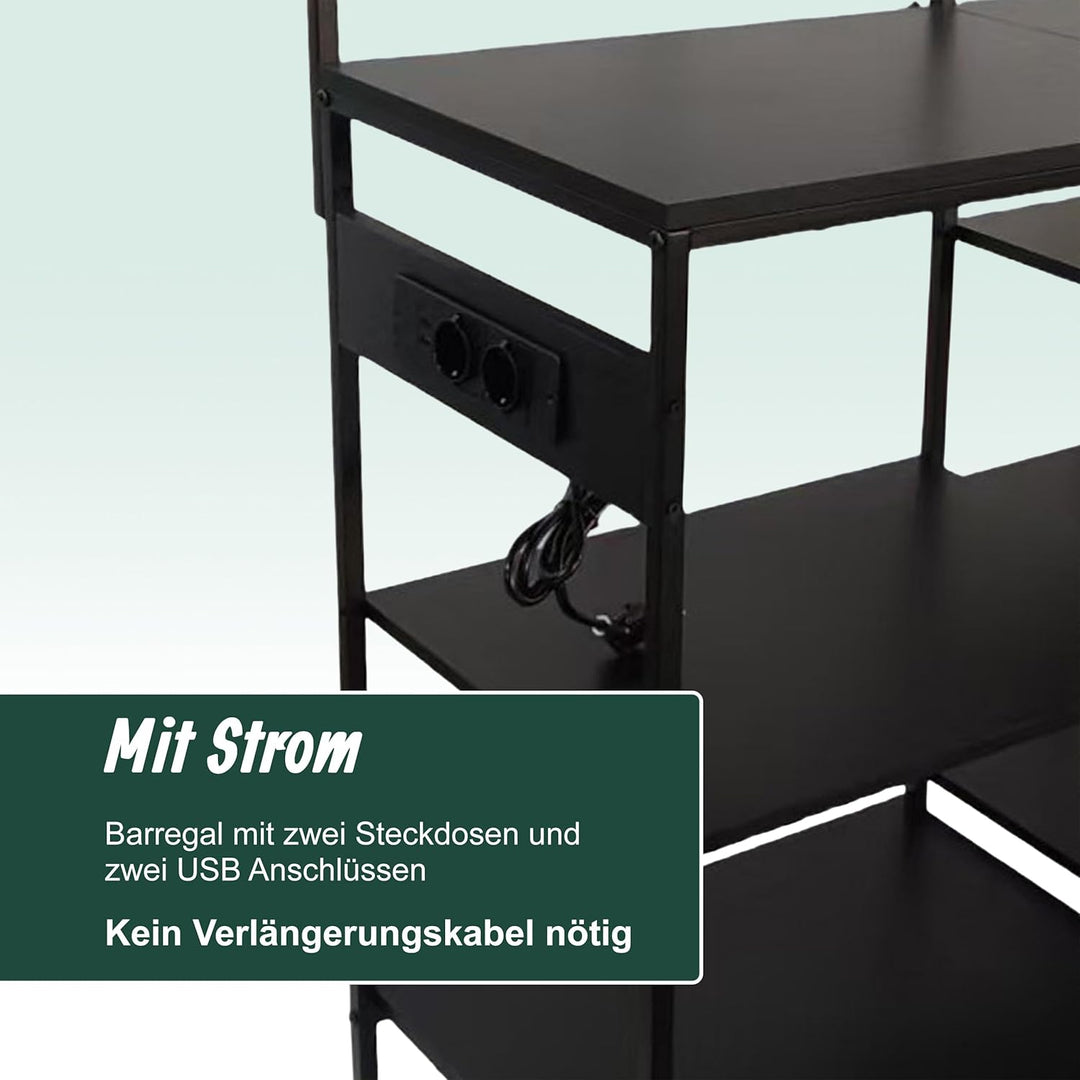 Relaxdays Küchenregal aus schwarzem Metall mit USB-Steckdosen, Halterung für Mikrowelle, 151 x 82 x