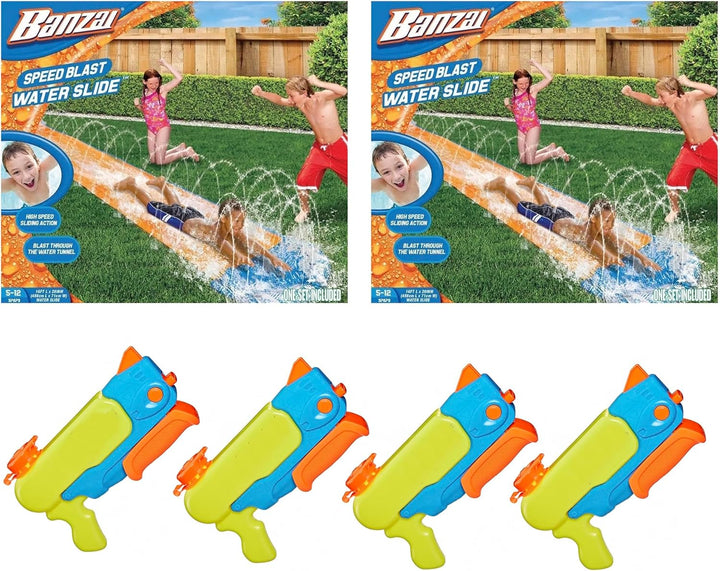 BANZAI Outdoor Mega Party Pack – 2 Rasen-Wasserrutschen 4,88m & 4 Wasserblaster kompatibel mit NERF