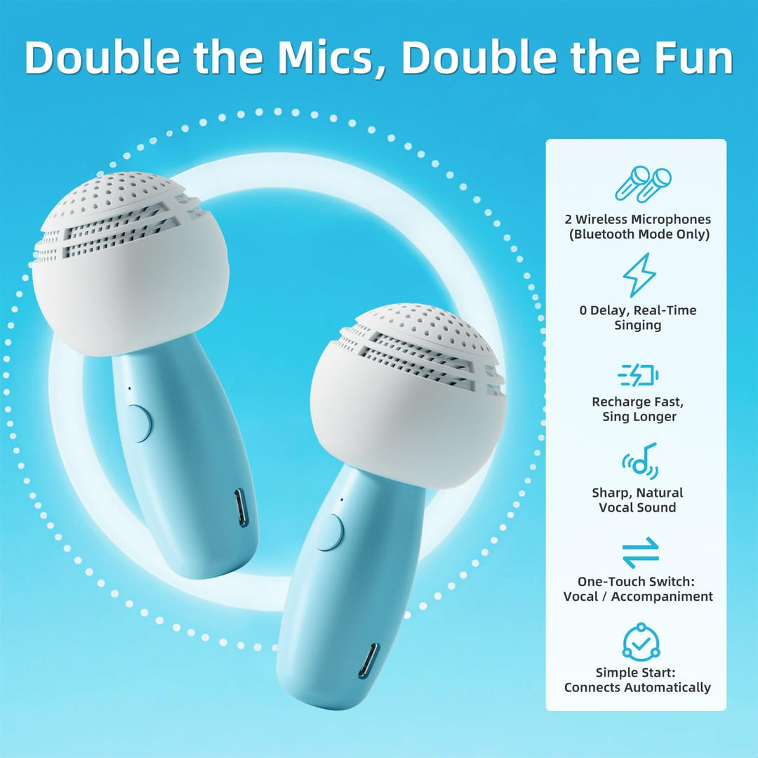 Karaoke-Maschine für Kinder mit 2 kabellosen Mikrofonen, Nachtlicht und Umschalter für Original-/Beg