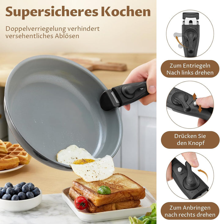 BEZIA Induktions Töpfe Set 17-Tlg, Keramik Pfannenset mit abnehmbarer Griff, Camping Kochtopf Set fü