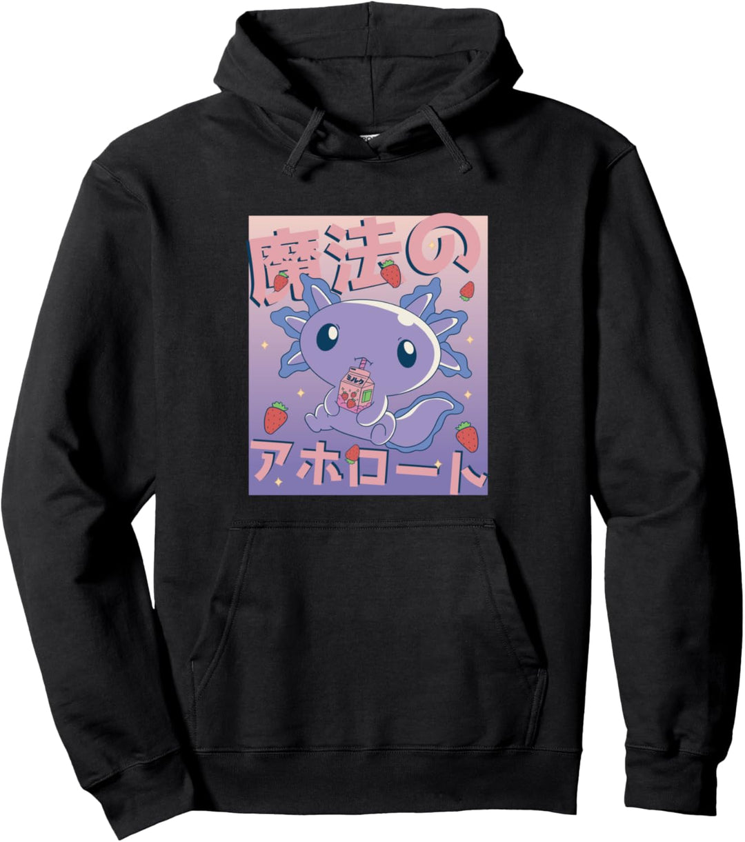 Kawaii Axolotl Drinking Strawberry Milk Japanische Buchstaben Pullover Hoodie