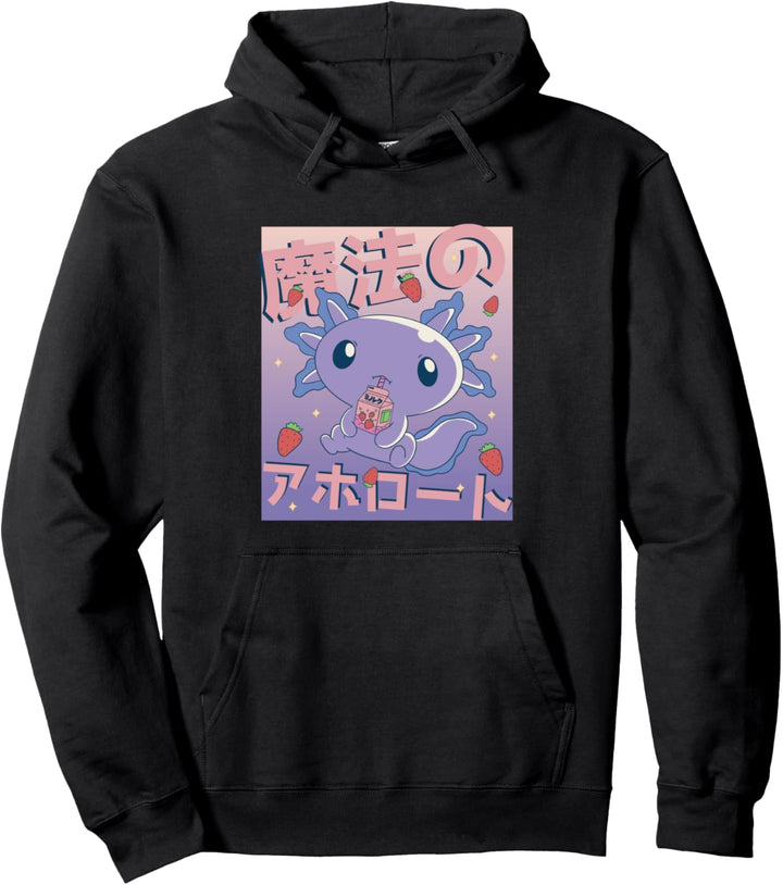 Kawaii Axolotl Drinking Strawberry Milk Japanische Buchstaben Pullover Hoodie