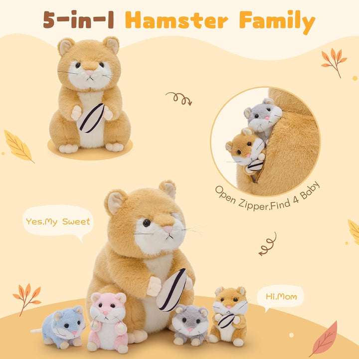 MorisMos 5 stücke Hamster Plüschtier Set, 32cm gross süss Hamster Kuscheltier XXL mit 4 Babys im Bau