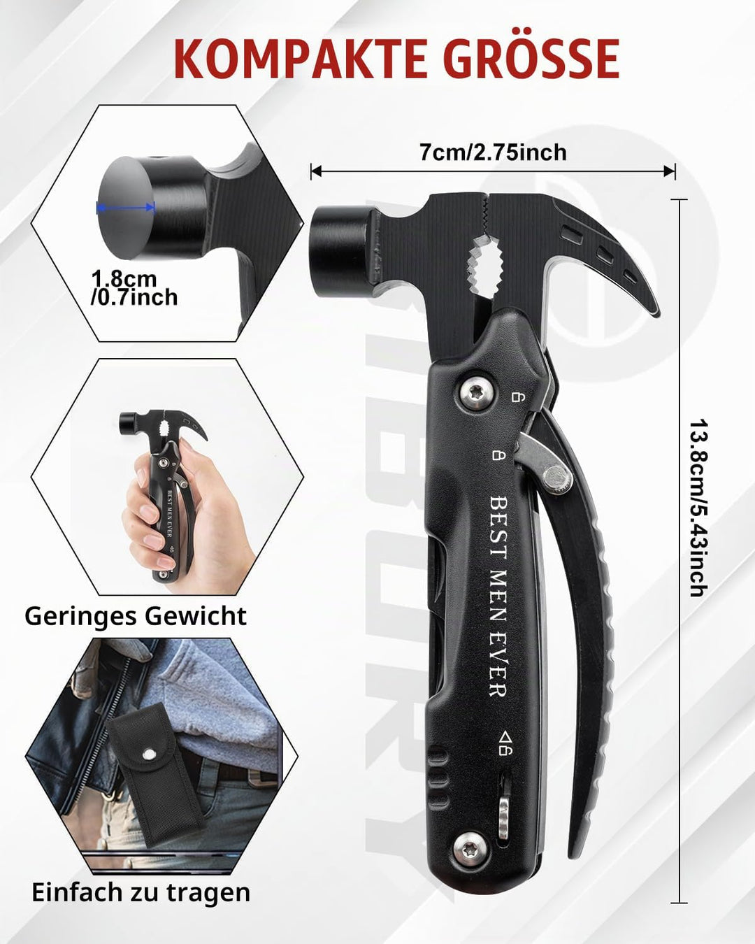 BIBURY Multitool Hammer für Manner, 12 in 1 Tools Ideengeschenk für Männer Papa Ehemann, Outdoor Cam