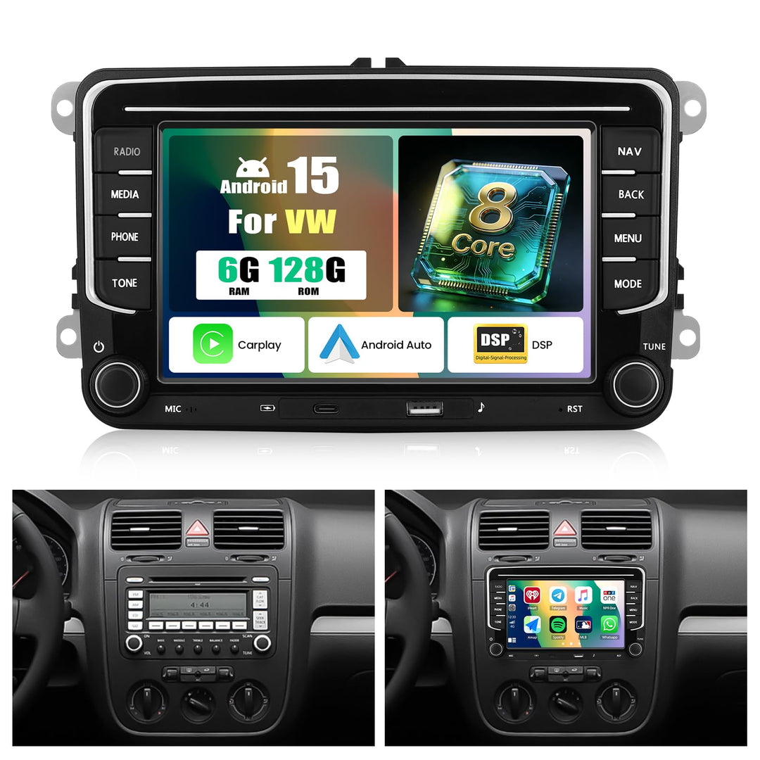 8 Core 6 + 128G Android 15 Autoradio für VW Passat Golf Sitz Altea Jatta Skoda, 7 "IPS 2.5D -Auto -R