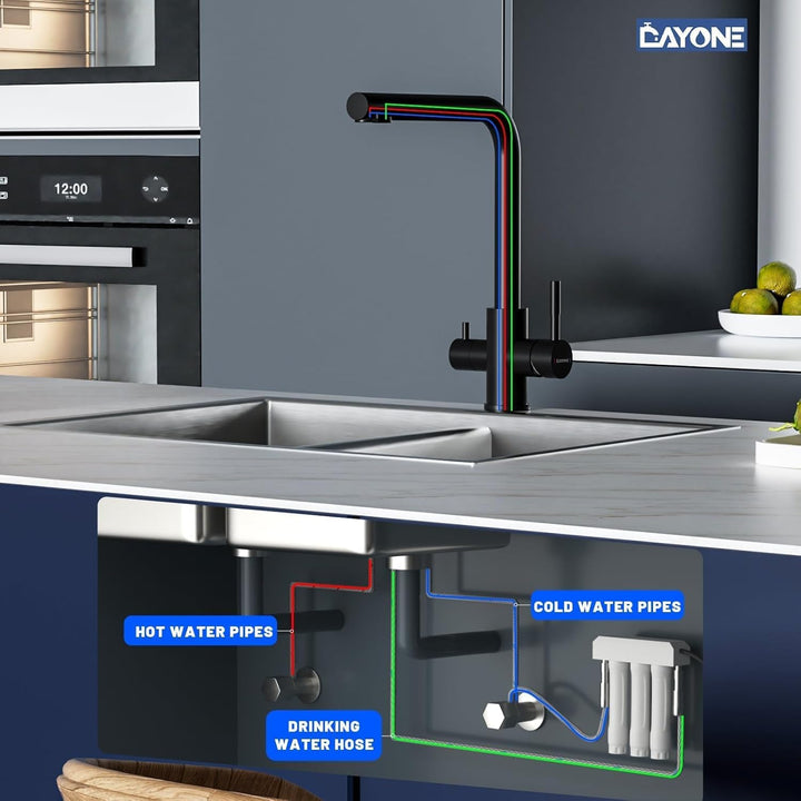 DAYONE Schwarz 3 Wege Wasserhahn mit Filter, SUS304 Edelstahl Trinkwasserhahn, 360 Drehbarer Wasserh