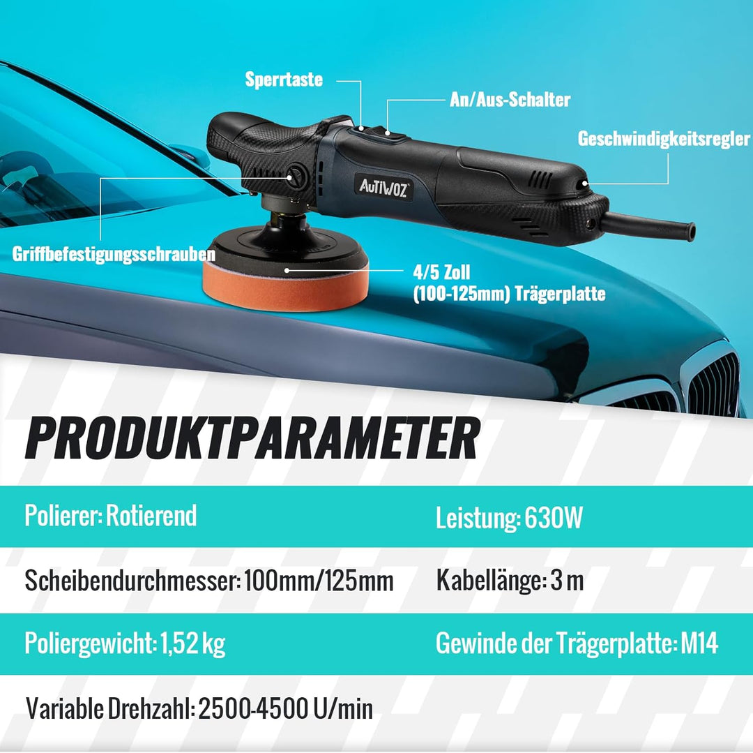 Mini Poliermaschine Auto, AUTIWOZ 630W Polierer mit 6 Variable Geschwindigkeit 2500-4500 RPM, Seiten