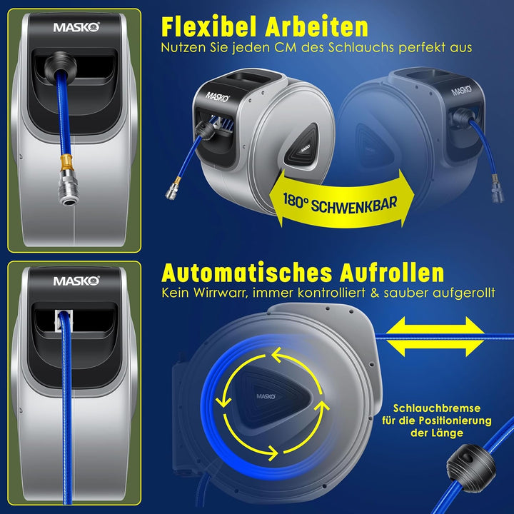 MASKO® Automatik Druckluftschlauch Aufroller 30m – Schlauchtrommel mit 1/4" Anschluss, Schlauchaufro