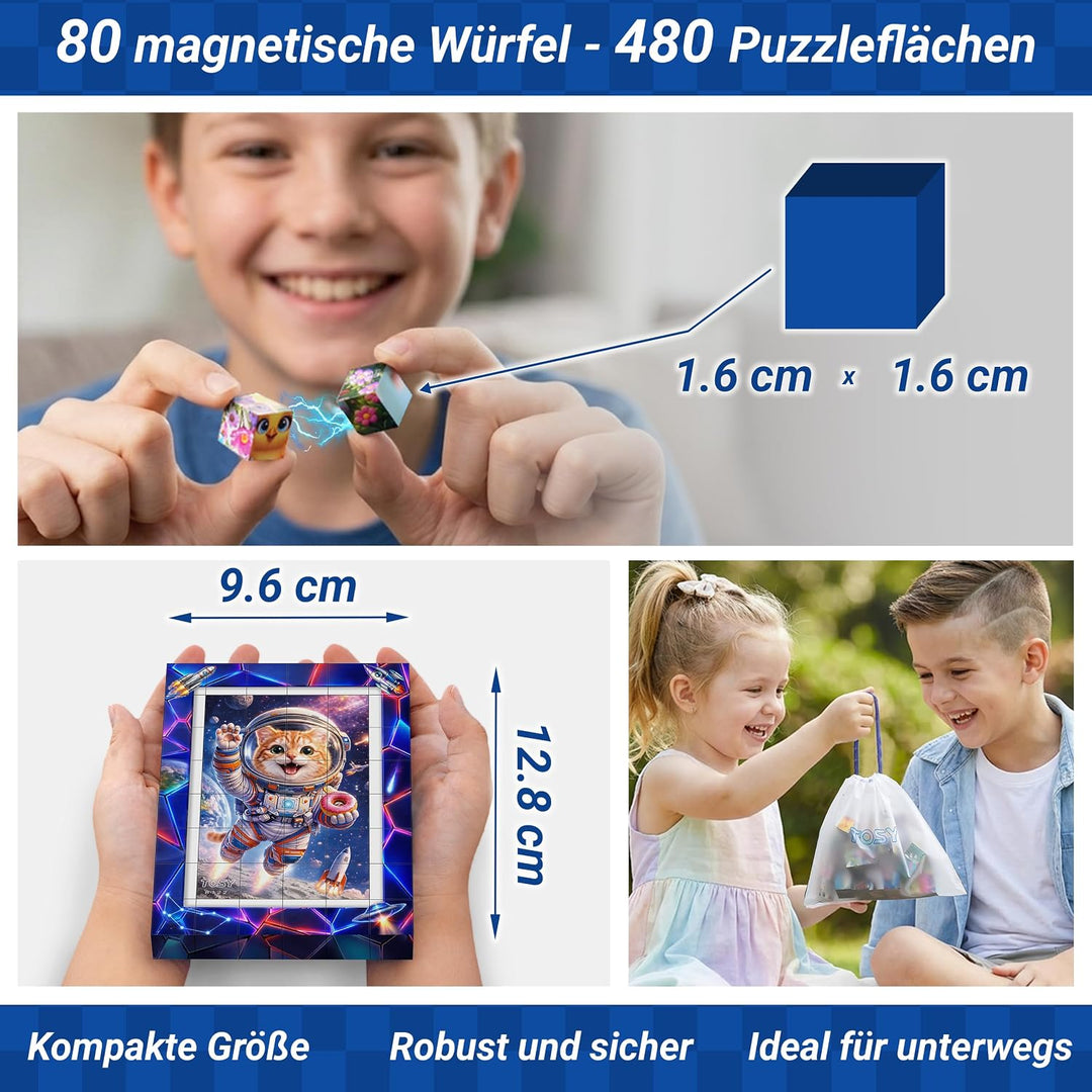 TOSY Picture Cube Adventure Cats: 6-in-1 magnetisches Bilderpuzzle, 48 Blöcke, 288 Flächen/Magnete,