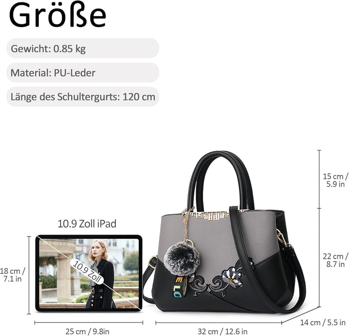 DORRISO Damen Handtasche Mode Stickdesign Schultertasche Grosse Kapazität Umhängetasche Casual Reise