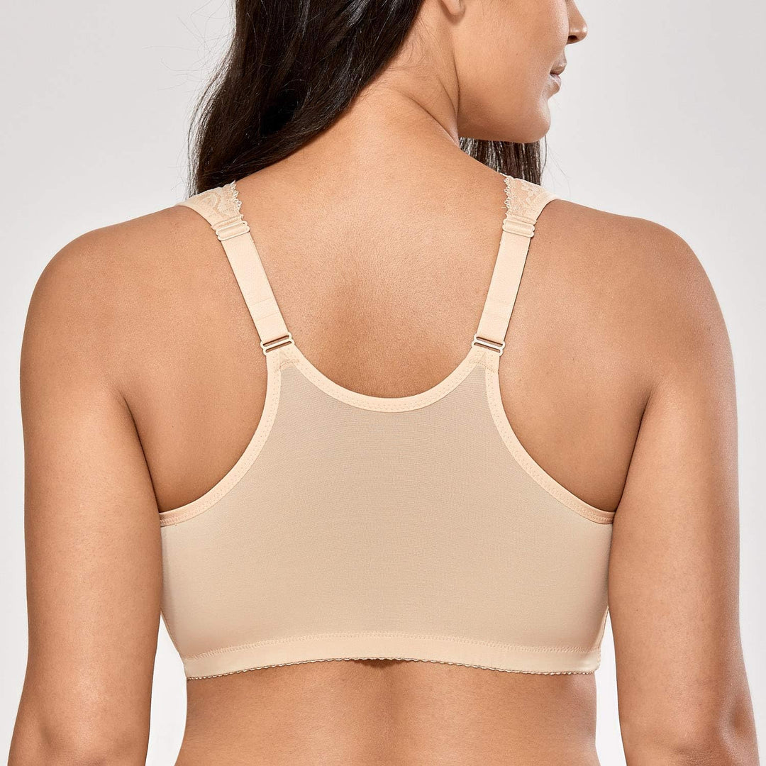 DELIMIRA Damen Vorderverschluss BH ohne Bügel Grosse Grössen mit Spitze Racerback 75C Beige, 75D