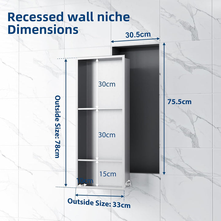 Neodrain Wandnische Dusche Edelstahl Dreifach-Duschnische Wandnische Lagerung für Badezimmer 75x30 c