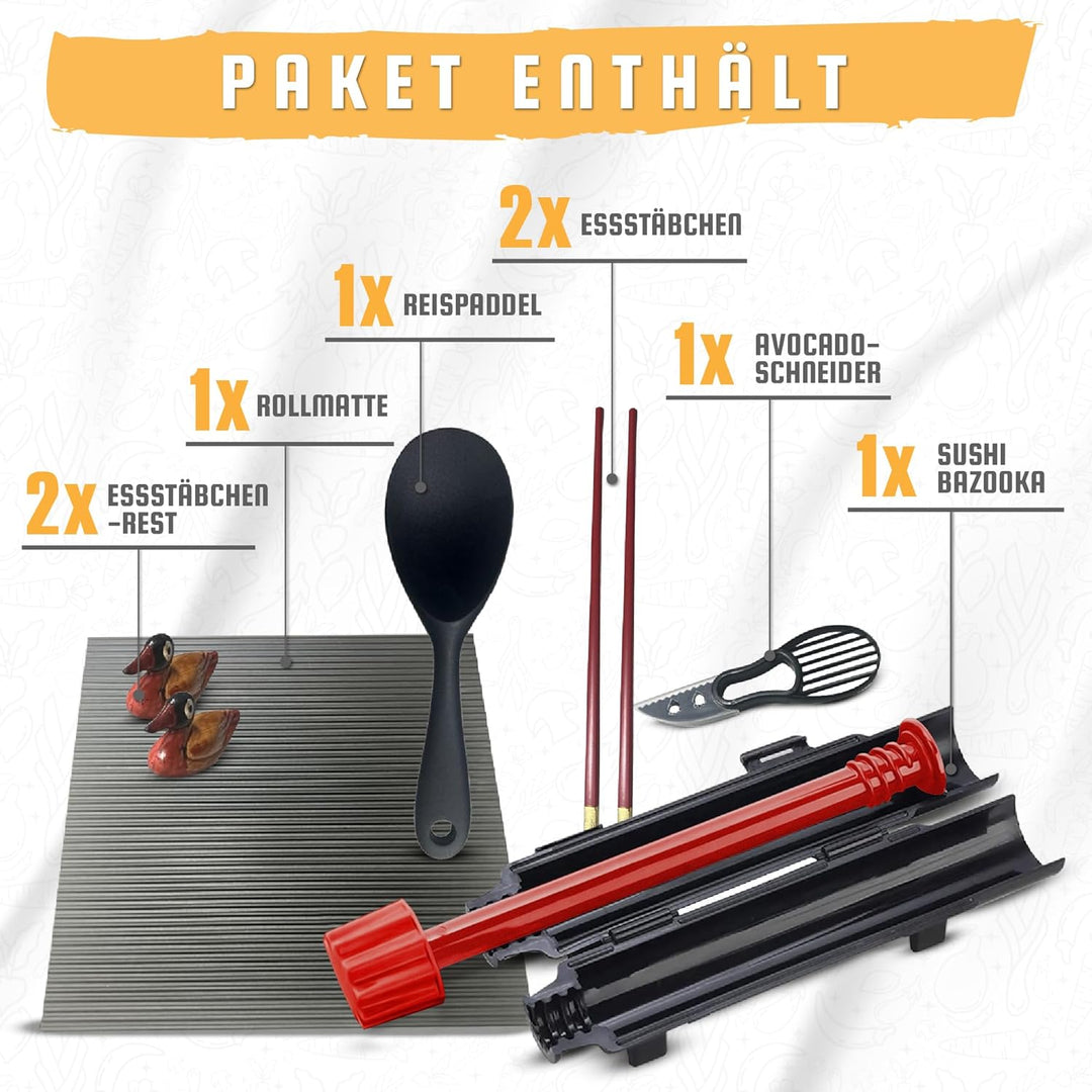 Sushi Maker Set Mit Bazooka, Maki Roller und Formen - DIY Starter Set für Anfänger, Zubehör für Perf