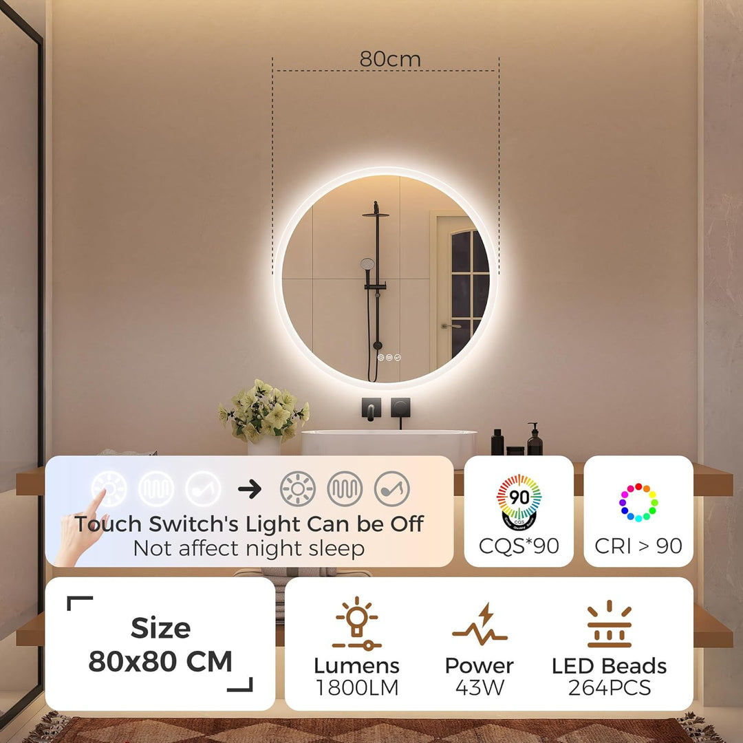 STARLEAD Badspiegel-Rund-mit-Beleuchtung 80cm Diameter, Runder-Spiegel mit Bluetooth, Dimmbar, 3 Far