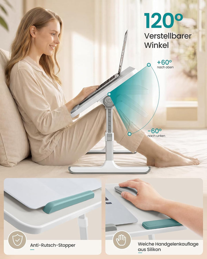 SONGMICS Laptoptisch, Betttisch mit Schublade, aus Holzspanplatte, Aluminiumlegierung und ABS-Kunsts